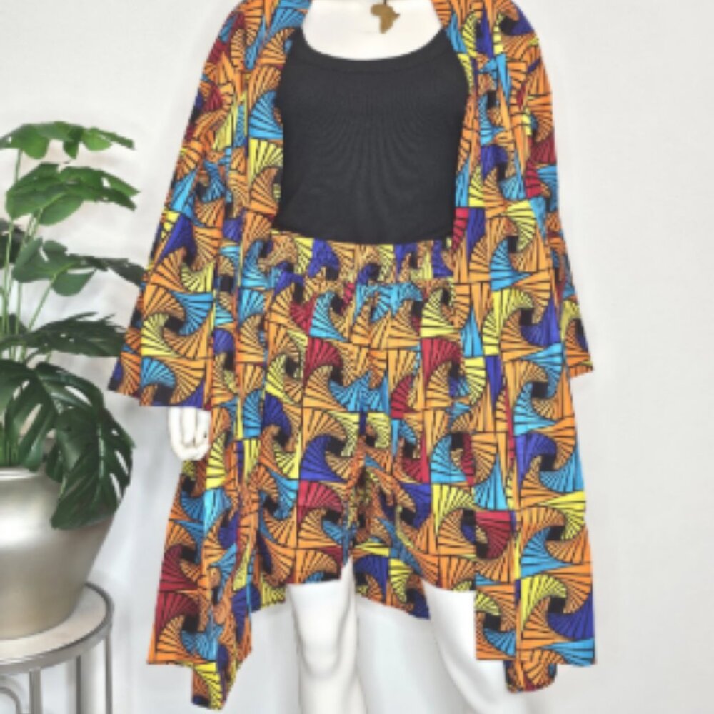 African Print Kimono Duster Set: Wide Leg Shorts, Belt & Headwrap